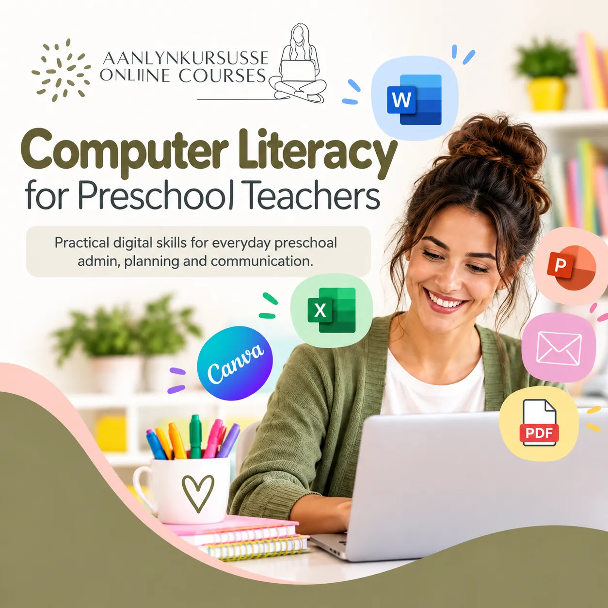 Computer Literacy for Preschool Teachers training course showing Windows, Microsoft Office and Canva learning themes