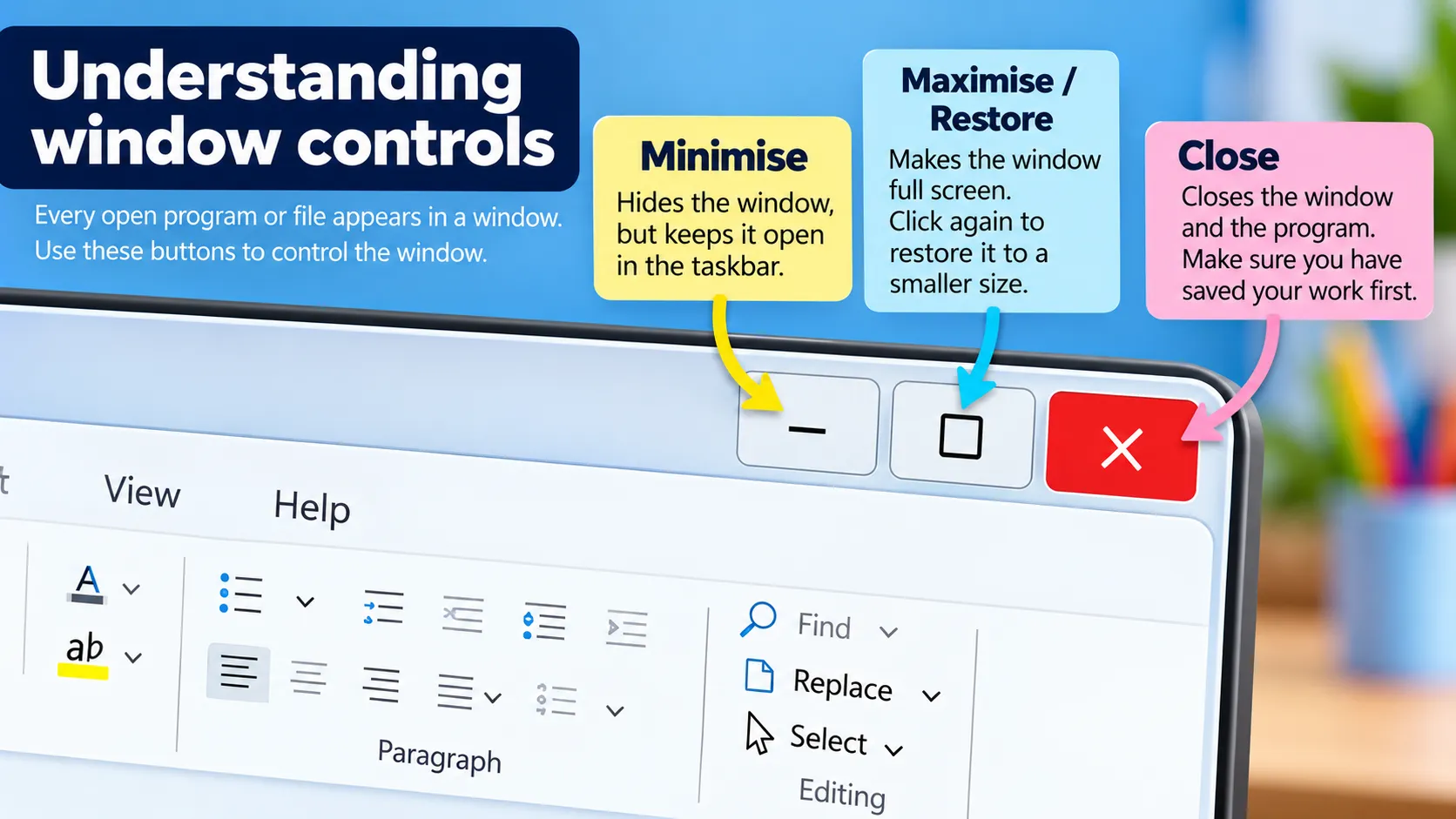 Windows window controls showing minimise, maximise, restore and close
