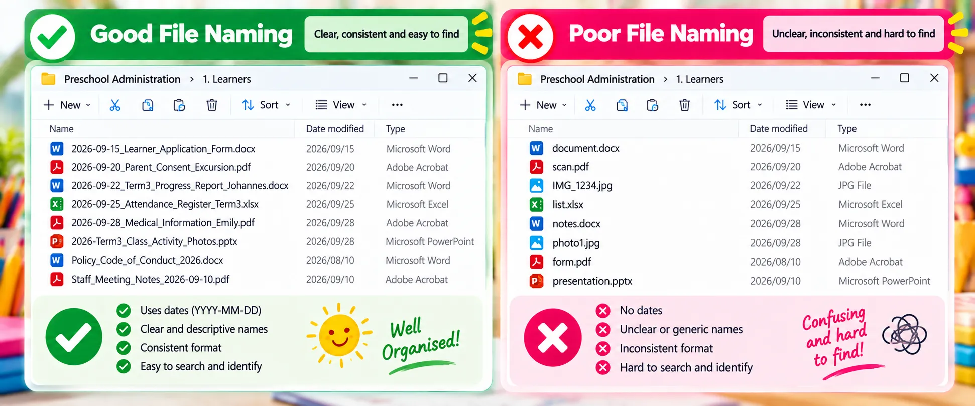 Good and poor file naming examples for organised preschool administration